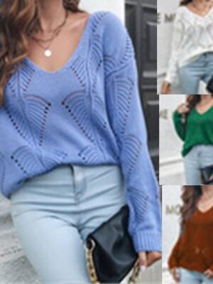 Casual Regular Solid V Neck Long Sleeve Pullover Top - Image 1