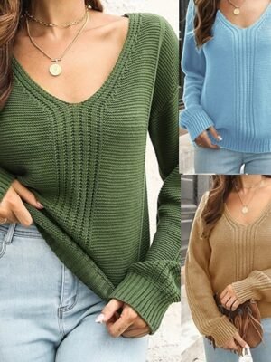 Casual Regular Solid V Neck Long Sleeve Knit Top - Image 1
