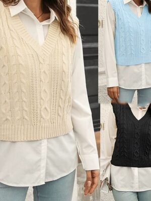 Casual Regular Solid V Neck Long Sleeve Sweater Vest - Image 1