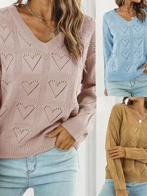 Casual Regular Solid V Neck Long Sleeve Knit Top - Image 1