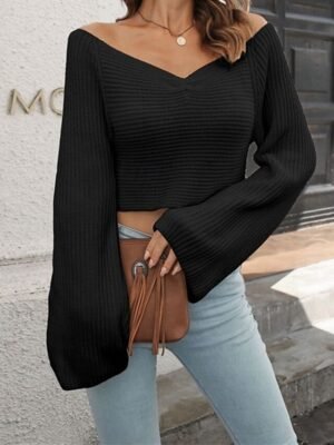 Casual Regular Solid V Neck Long Sleeve Knit Top - Image 11