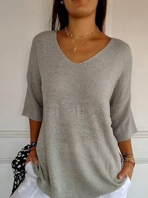 Casual Regular Solid V Neck Long Sleeve Knit Top - Image 2