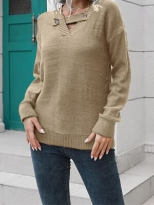 Casual Regular Solid V Neck Long Sleeve Knit Top - Image 2