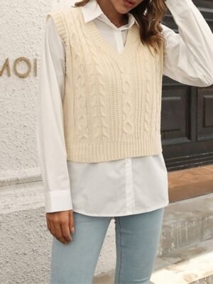 Casual Regular Solid V Neck Long Sleeve Sweater Vest - Image 2