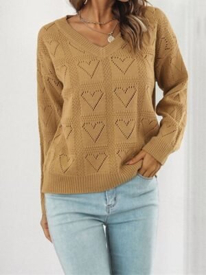 Casual Regular Solid V Neck Long Sleeve Knit Top - Image 2
