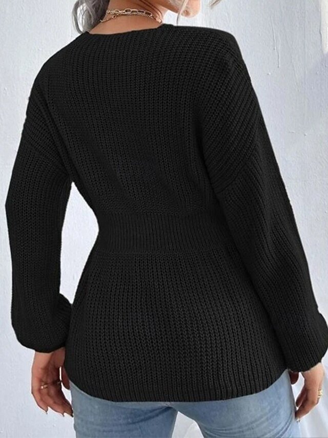 Casual Regular Solid V Neck Long Sleeve Knit Top - Image 2