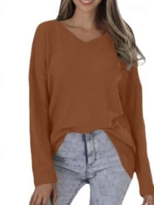 Casual Regular Solid V Neck Long Sleeve Knitted Sweater - Image 2