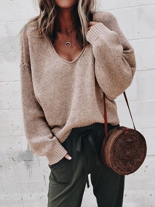 Casual Regular Solid V Neck Long Sleeve Sweater - Image 2
