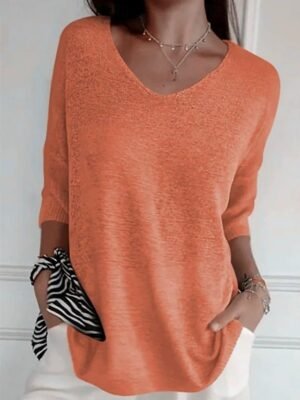 Casual Regular Solid V Neck Long Sleeve Knit Top - Image 3