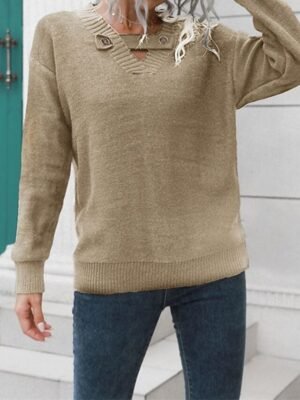 Casual Regular Solid V Neck Long Sleeve Knit Top - Image 3