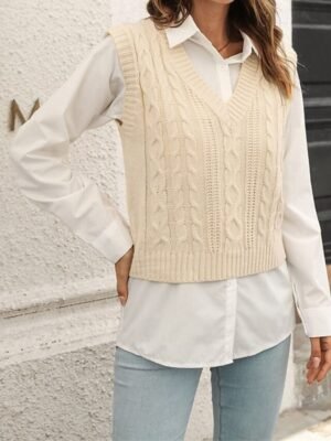 Casual Regular Solid V Neck Long Sleeve Sweater Vest - Image 3