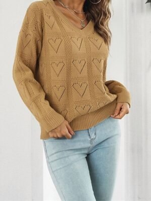 Casual Regular Solid V Neck Long Sleeve Knit Top - Image 3