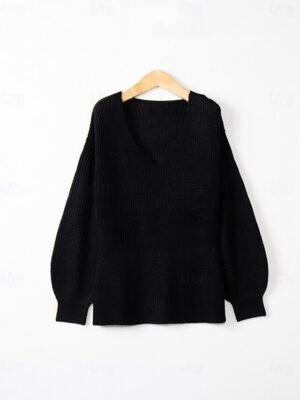 Casual Regular Solid V Neck Long Sleeve Knit Top - Image 3