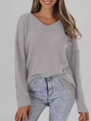 Casual Regular Solid V Neck Long Sleeve Knitted Sweater - Image 3