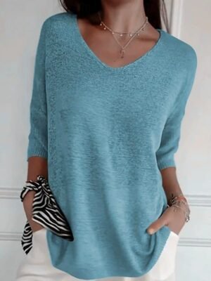 Casual Regular Solid V Neck Long Sleeve Knit Top - Image 4