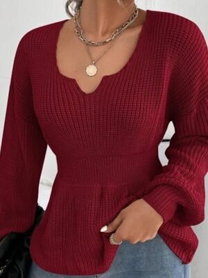 Casual Regular Solid V Neck Long Sleeve Knit Top - Image 4