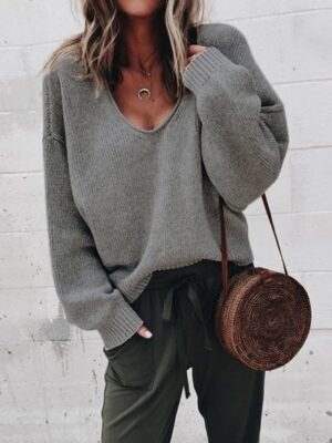 Casual Regular Solid V Neck Long Sleeve Sweater - Image 5