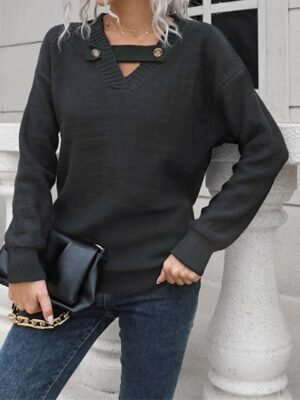 Casual Regular Solid V Neck Long Sleeve Knit Top - Image 5