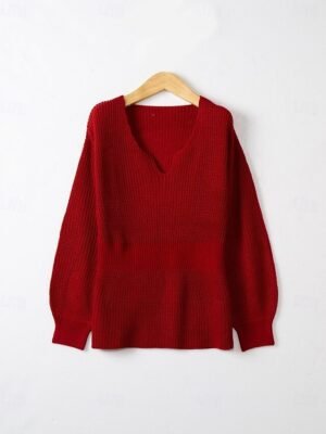 Casual Regular Solid V Neck Long Sleeve Knit Top - Image 5