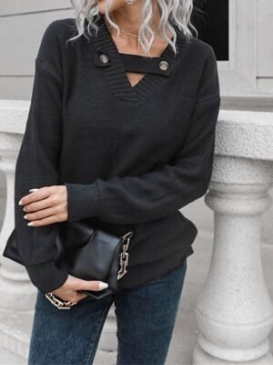 Casual Regular Solid V Neck Long Sleeve Knit Top - Image 6