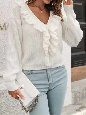 Casual Regular Solid V Neck Long Sleeve Knit Pullover - Image 6