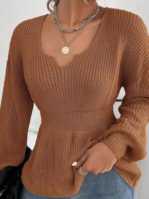 Casual Regular Solid V Neck Long Sleeve Knit Top - Image 6