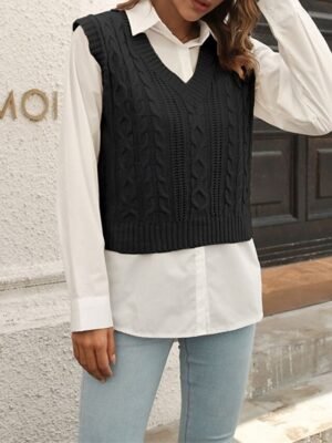 Casual Regular Solid V Neck Long Sleeve Sweater Vest - Image 9