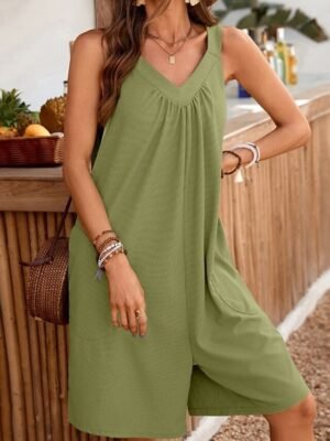 Casual Regular Solid V Neck Sleeveless Romper - Image 10