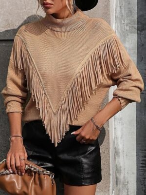 Casual Regular Solid V Neck Tassel Long Sleeve Pullover - Image 3