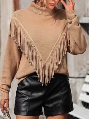 Casual Regular Solid V Neck Tassel Long Sleeve Pullover - Image 4