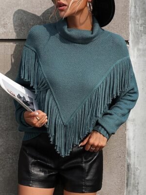 Casual Regular Solid V Neck Tassel Long Sleeve Pullover - Image 6