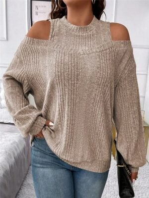 Casual Regular Striped Crew Neck Cold Shoulder Long Sleeve Knit Jumper - Image 10