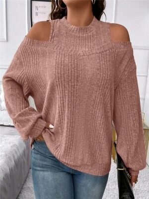 Casual Regular Striped Crew Neck Cold Shoulder Long Sleeve Knit Jumper - Image 15