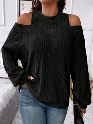 Casual Regular Striped Crew Neck Cold Shoulder Long Sleeve Knit Jumper - Image 2