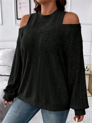Casual Regular Striped Crew Neck Cold Shoulder Long Sleeve Knit Jumper - Image 4