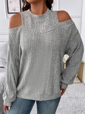 Casual Regular Striped Crew Neck Cold Shoulder Long Sleeve Knit Jumper - Image 9