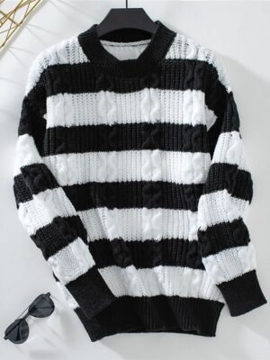Casual Regular Striped Crew Neck Long Sleeve Knitted Top - Image 1