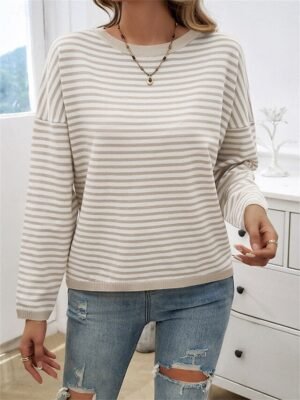 Casual Regular Striped Crew Neck Long Sleeve Knit Sweater - Image 1