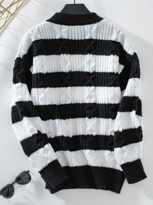 Casual Regular Striped Crew Neck Long Sleeve Knitted Top - Image 11