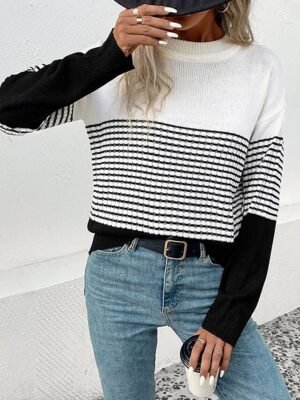 Casual Regular Striped Crew Neck Long Sleeve Knitted Top - Image 2