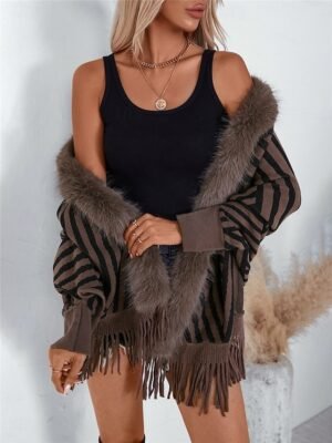 Casual Regular Striped Crew Neck Long Sleeve Knit Shrug - Image 3