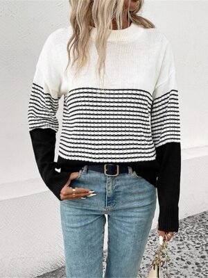 Casual Regular Striped Crew Neck Long Sleeve Knitted Top - Image 4