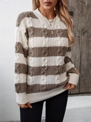 Casual Regular Striped Crew Neck Long Sleeve Knitted Top - Image 5