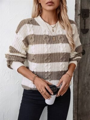 Casual Regular Striped Crew Neck Long Sleeve Knitted Top - Image 6