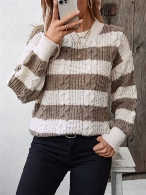Casual Regular Striped Crew Neck Long Sleeve Knitted Top - Image 8