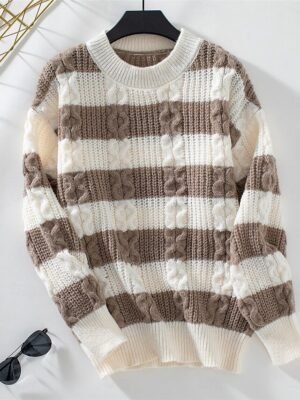 Casual Regular Striped Crew Neck Long Sleeve Knitted Top - Image 9