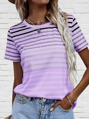 Casual Regular Striped Crew Neck Short Sleeve Summer Top - Image 5