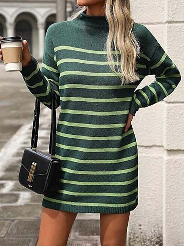 Casual Regular Striped Mock Neck Long Sleeve Knit Sweater Dress - Image 1