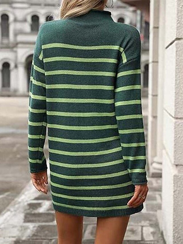 Casual Regular Striped Mock Neck Long Sleeve Knit Sweater Dress - Image 2