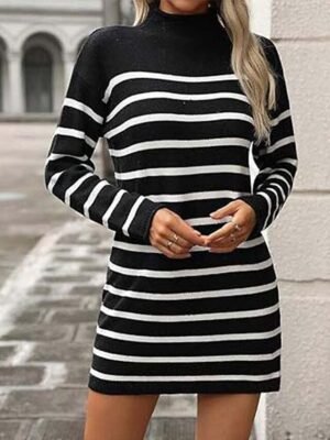 Casual Regular Striped Mock Neck Long Sleeve Knit Sweater Dress - Image 7